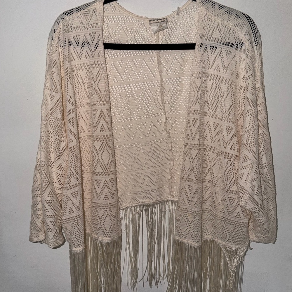 Eyeshadow Cream Crochet Fringe Open Front Cardigan Size XL